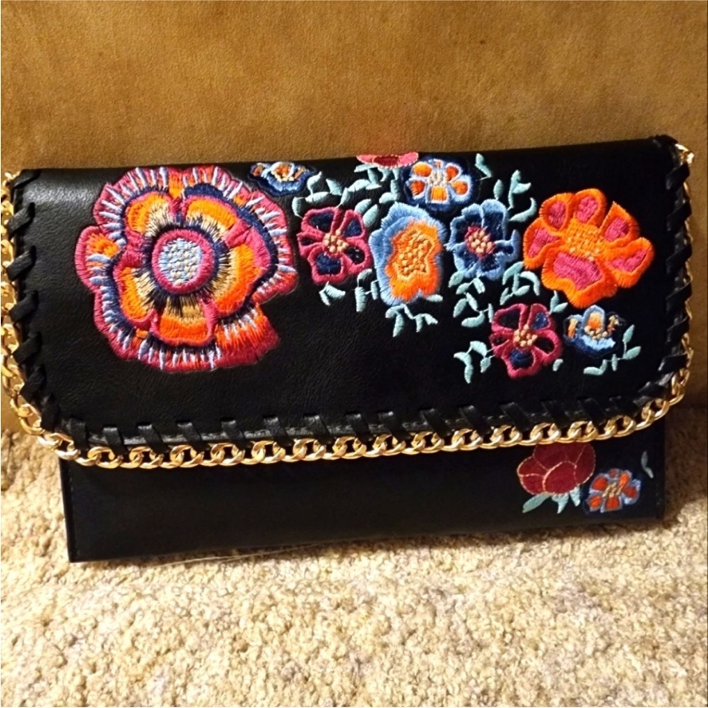 Urban Expressions Vegan Leather Floral Embroidered Black Clutch Stitch Fix